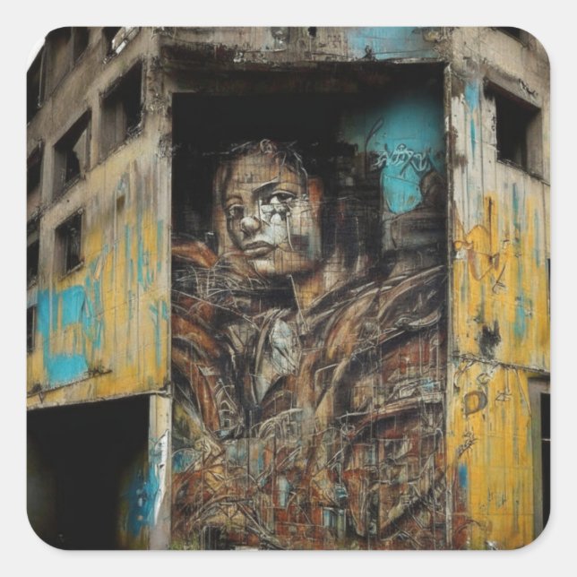 Pegatina Cuadrada Arte urbano en edificios abandonados (Anverso)