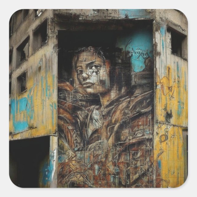 Pegatina Cuadrada Arte urbano en edificios abandonados (Anverso)