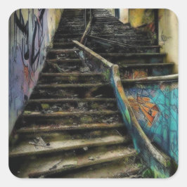 Pegatina Cuadrada Arte urbano en escaleras Edificio abandonado