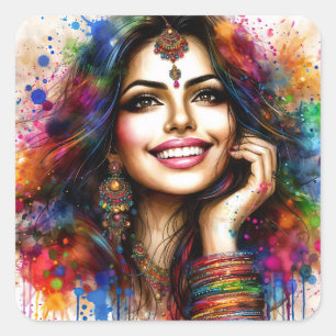 Pegatina Cuadrada Arte vibrante del Festival de Belleza India