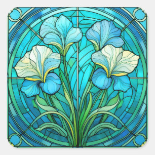 Pegatina Cuadrada Arte vidriera elegante azul teal Art Nouveau flora