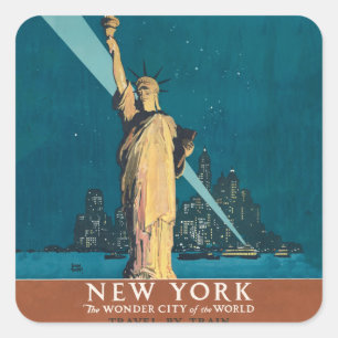 Pegatina Cuadrada Arte vintage de la Estatua de la Libertad de la ci