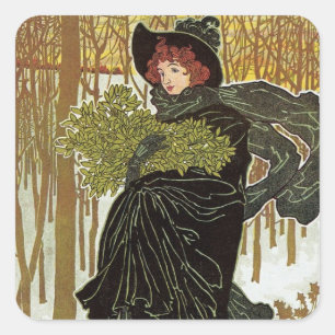 Pegatina Cuadrada Arte vintage de Navidad Nouveau Scribners Cover 18