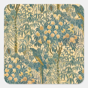 Pegatina Cuadrada Arte vintage de Walter Crane de guacamayo y frutas