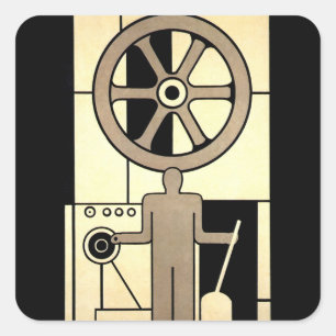 Pegatina Cuadrada Arte vintage deco negocio rueda y trabajador de má