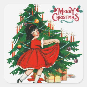Pegatina Cuadrada Arte vintage del árbol de navidad