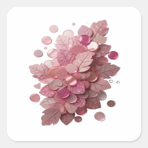 Pegatina Cuadrada Artesanía de hojas rosadas frescas y botones brill