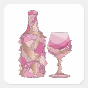Pegatina Cuadrada Artesanía de vidrio y botella rosa plateada alegre