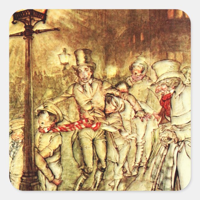 Pegatina Cuadrada Arthur Rackham - A Christmas Carol - Street (Anverso)