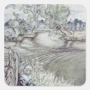 Pegatina Cuadrada Arthur Rackham Izaak Walton reclinándose contra u