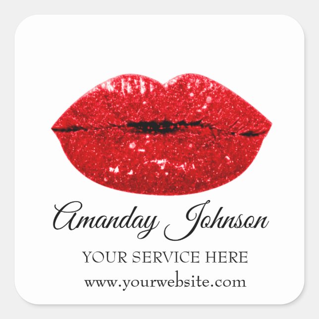Pegatina Cuadrada Artista de maquillaje Beso Rojo Lips Nombre Blanco (Anverso)