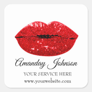 Pegatina Cuadrada Artista de maquillaje Beso Rojo Lips Nombre Blanco