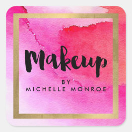 Pegatina Cuadrada Artista de maquillaje de acuarelas rosadas audaces