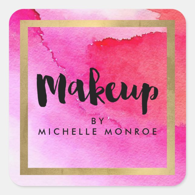 Pegatina Cuadrada Artista de maquillaje de acuarelas rosadas audaces (Anverso)