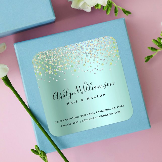 Pegatina Cuadrada Artista de maquillaje de peluquería verde turquesa (Subido por el creador)