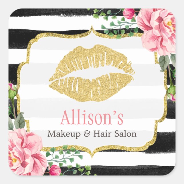 Pegatina Cuadrada Artista de maquillaje Oro Litros Rubor Bandas Flor (Anverso)