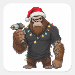 Pegatina Cuadrada Artista de tatuajes de Bigfoot Sasquatch Navidad