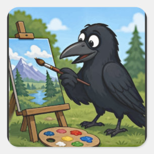 Pegatina Cuadrada Artista divertido cuervo pintando arte de paisaje