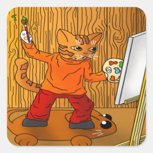 Pegatina Cuadrada Artista pintador de gato