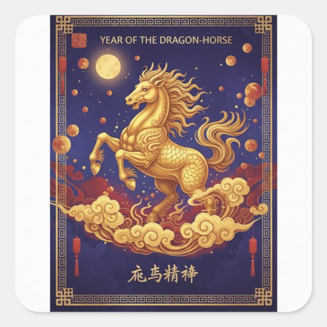 Pegatina Cuadrada Artistic Dragon-Horse 2026 Lunar New Year Card (Anverso)