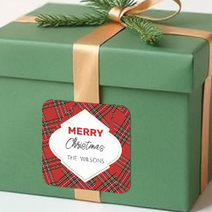 Pegatina Cuadrada Artistic Merry Christmas Tartán Burgundy