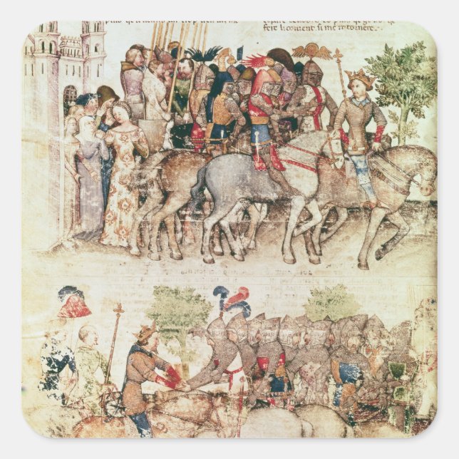 Pegatina Cuadrada Arturo y sus caballeros entrando en (Anverso)