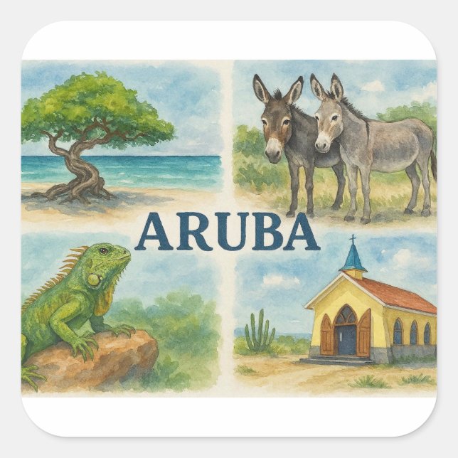 Pegatina Cuadrada Aruba multimirada acuarela (Anverso)