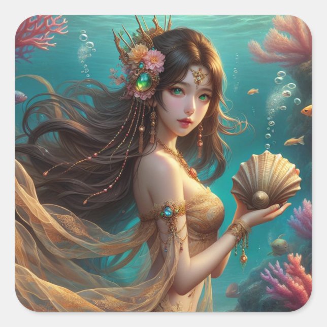 Pegatina Cuadrada Asia - Colección de arte de la serie Mermaid (Anverso)