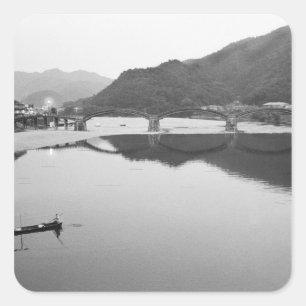 Pegatina Cuadrada Asia, Japón, Iwakuni. Pescadores e histórico