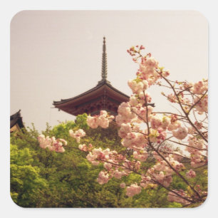 Pegatina Cuadrada Asia, Japón, Kyoto, templo Kiyomizu en primavera