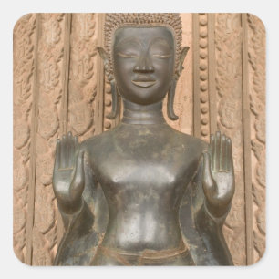 Pegatina Cuadrada Asia, Laos, Vientiane, Buda de bronce en Hawn