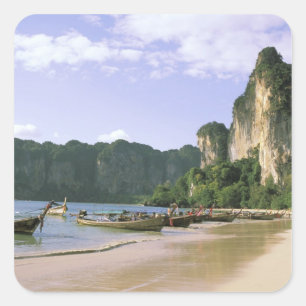 Pegatina Cuadrada Asia, Tailandia, Krabi. Playa West Railay, larga