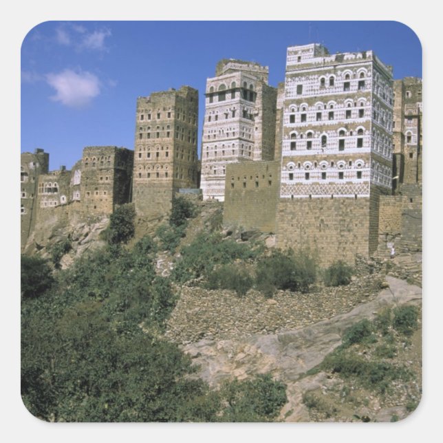 Pegatina Cuadrada Asia, Yemen, Al Hajjara. Edificios y solo (Anverso)