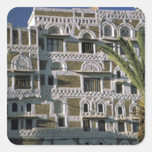 Pegatina Cuadrada Asia, Yemen, Sana'a. Casa yemení.
