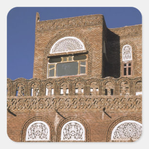 Pegatina Cuadrada Asia, Yemen, Sana'a. Detalle de la arquitectura ye