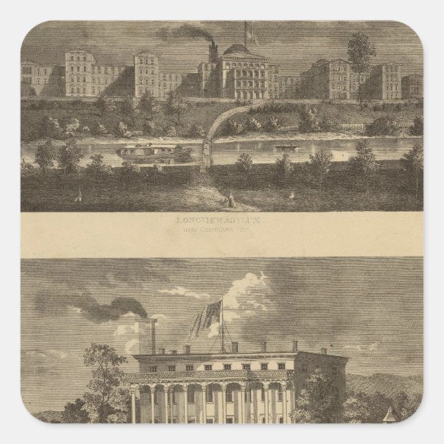 Pegatina Cuadrada Asilo Longview, Ohio (Anverso)