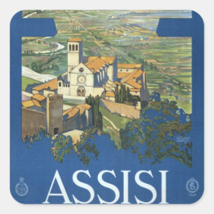 Pegatina Cuadrada Asís Italia Arte de Viaje Antiguo Basílica Frances