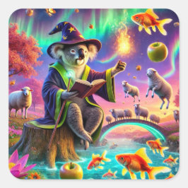Pegatina Cuadrada Asistente Koala Ayunando la magia en un bosque enc
