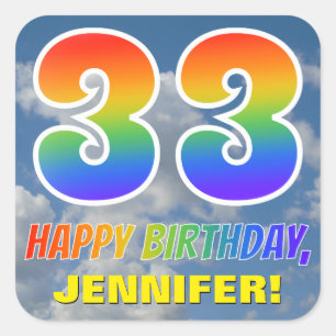 Pegatina Cuadrada Aspecto arcoiris "33" y "FELIZ CUMPLEAÑOS", nubes,