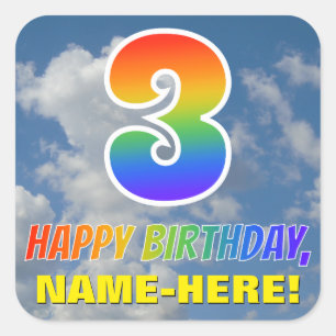 Pegatina Cuadrada Aspecto arcoiris "3" y "FELIZ CUMPLEAÑOS", nubes,