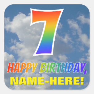 Pegatina Cuadrada Aspecto arcoiris "7" y "FELIZ CUMPLEAÑOS", nubes,