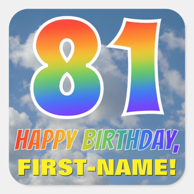 Pegatina Cuadrada Aspecto arcoiris "81" y "FELIZ CUMPLEAÑOS", nubes, (Anverso)