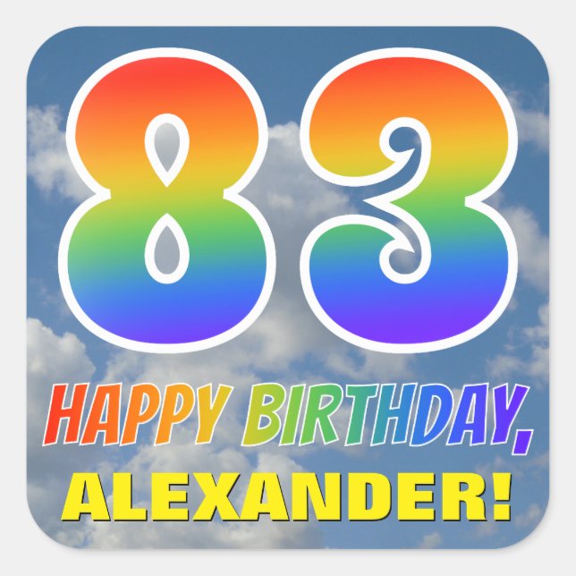 Pegatina Cuadrada Aspecto arcoiris "83" y "FELIZ CUMPLEAÑOS", nubes, (Anverso)