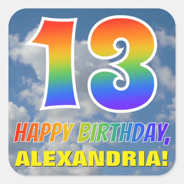 Pegatina Cuadrada Aspecto del arcoiris "13" y "FELIZ CUMPLEAÑOS", nu (Anverso)
