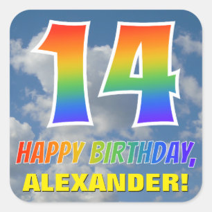 Pegatina Cuadrada Aspecto del arcoiris "14" y "FELIZ CUMPLEAÑOS", nu