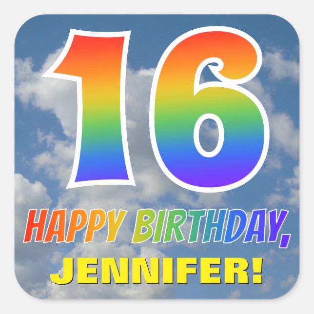 Pegatina Cuadrada Aspecto del arcoiris "16" y "FELIZ CUMPLEAÑOS", nu (Anverso)