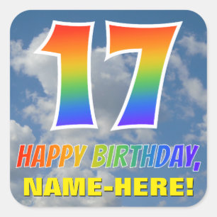 Pegatina Cuadrada Aspecto del arcoiris "17" y "FELIZ CUMPLEAÑOS", nu