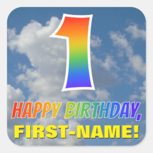 Pegatina Cuadrada Aspecto del arcoiris "1" y "FELIZ CUMPLEAÑOS", nub