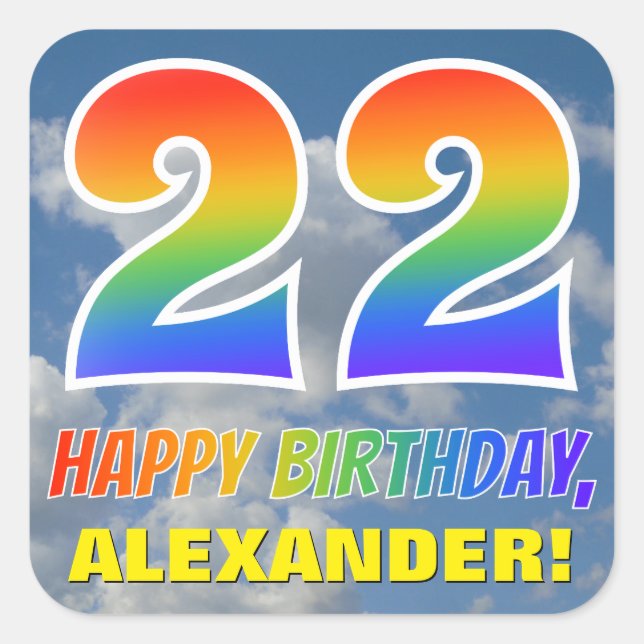 Pegatina Cuadrada Aspecto del arcoiris "22" y "FELIZ CUMPLEAÑOS", nu (Anverso)