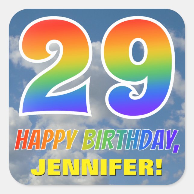 Pegatina Cuadrada Aspecto del arcoiris "29" y "FELIZ CUMPLEAÑOS", nu (Anverso)